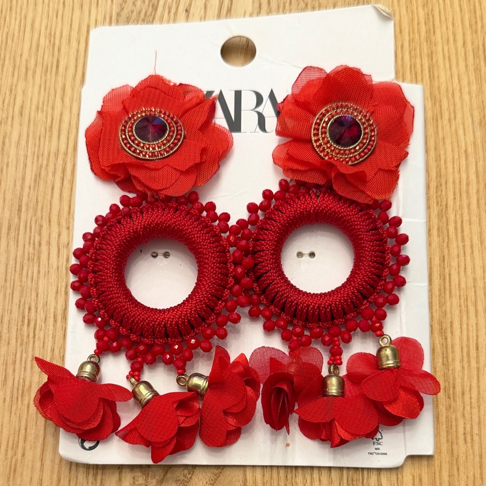 Zara Red Floral Hoop Drop Earrings